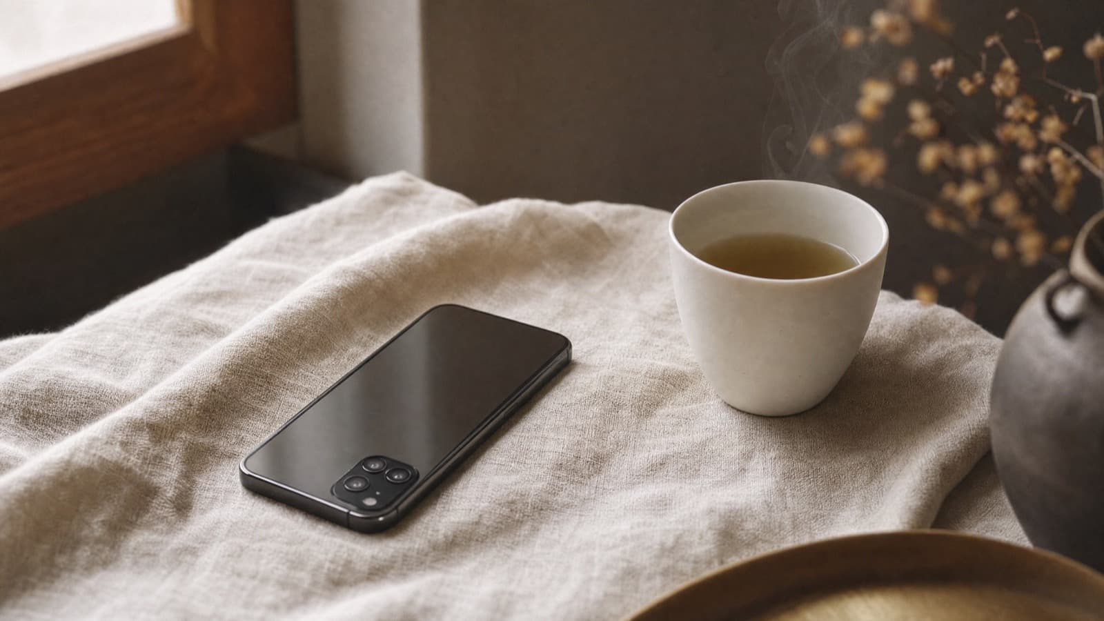 伏せたスマートフォンと湯気の立つカップ。アプリから少し離れて考えるイメージ