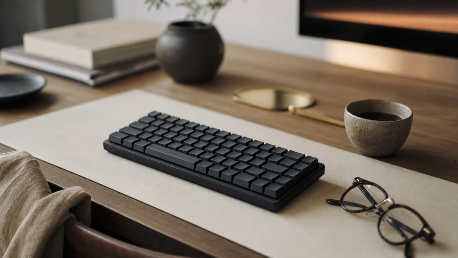 キーボードと眼鏡とコーヒーが置かれた静かな机。エンジニアの日常のイメージ