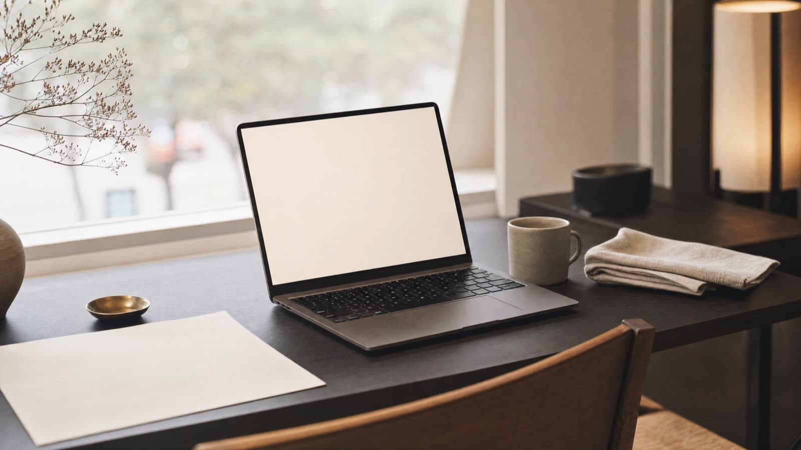 窓辺の机に置かれたノートPCとカップ。自宅から落ち着いて相談するイメージ