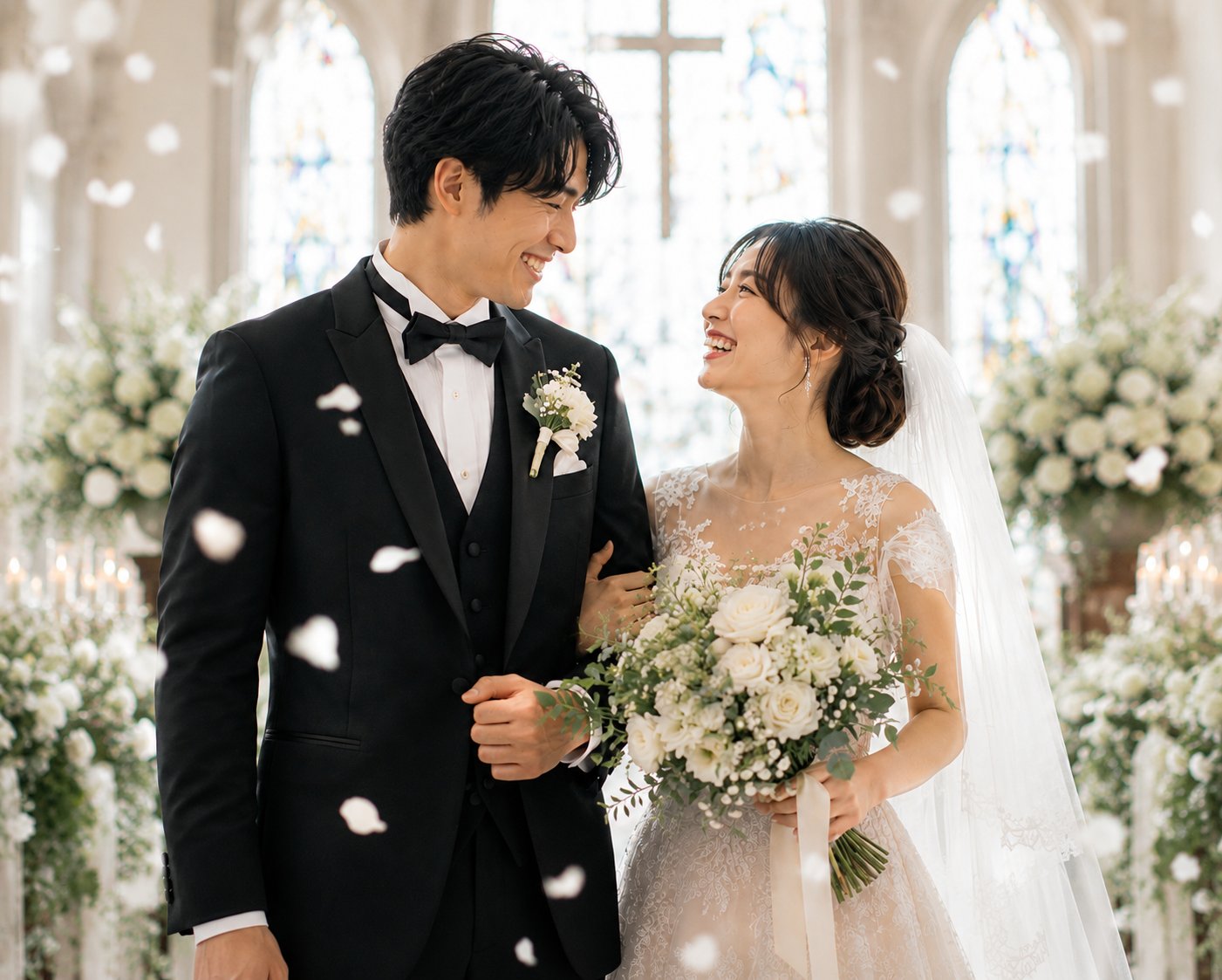 花びらの中で微笑み合う新郎新婦