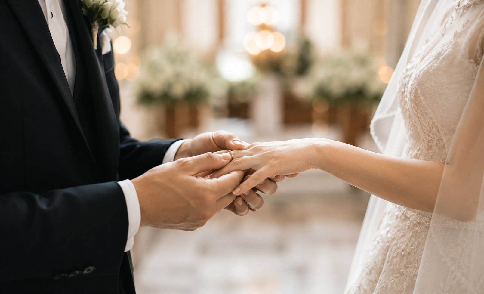 指輪を交換する新郎新婦の手元
