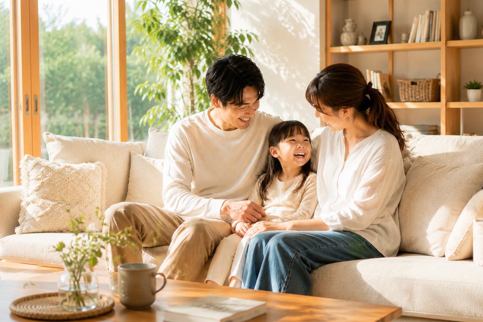 リビングで団らんする家族の様子