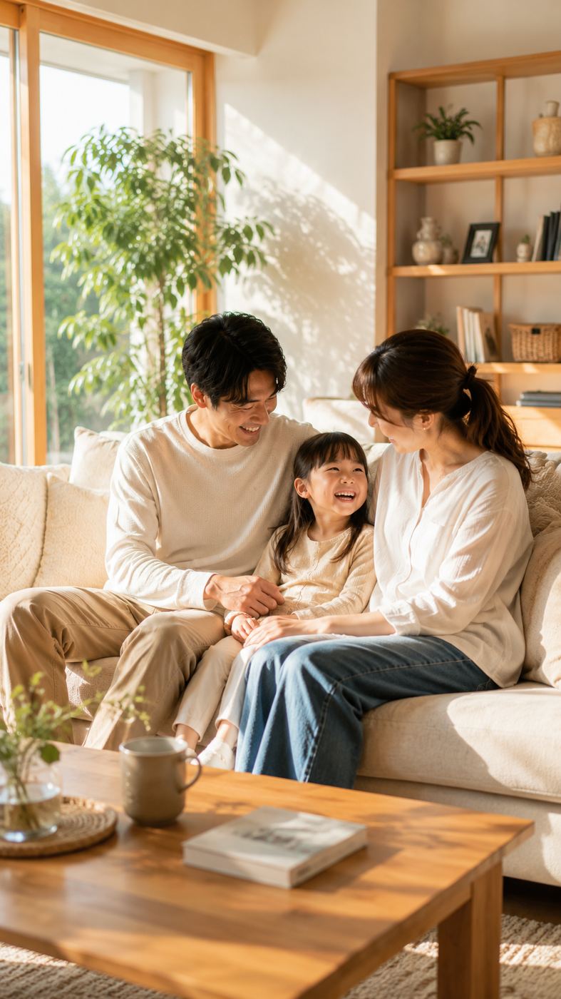 リビングで団らんする家族の様子