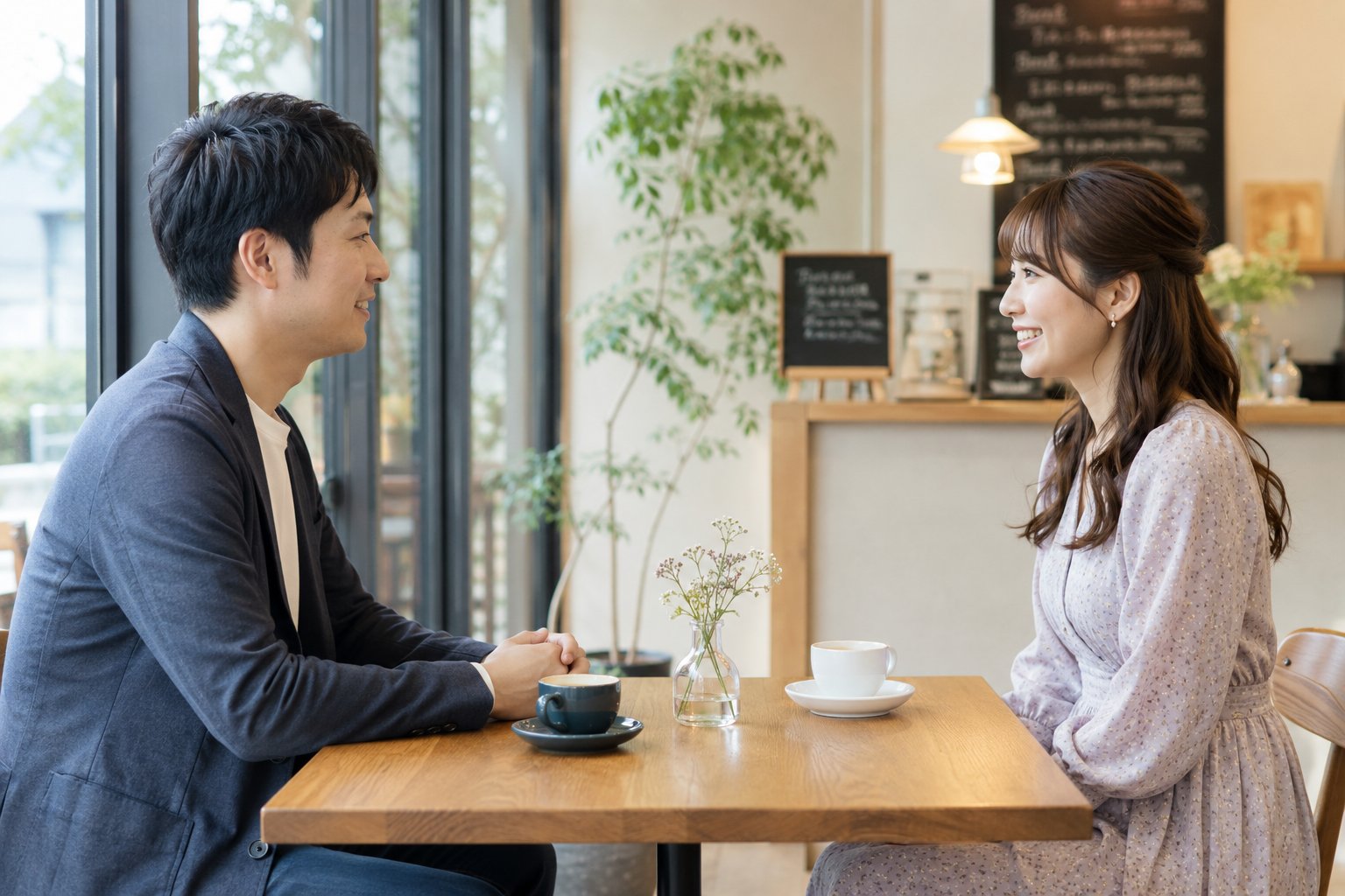 カフェで打ち解けて話す男女