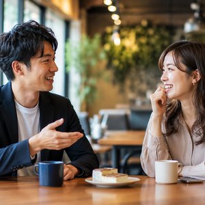 カフェでお見合いをするカップル